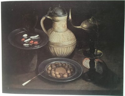 Still Life with Bearded Man Crock, Lamp, Olives and Sweetmeats by Frans Badens